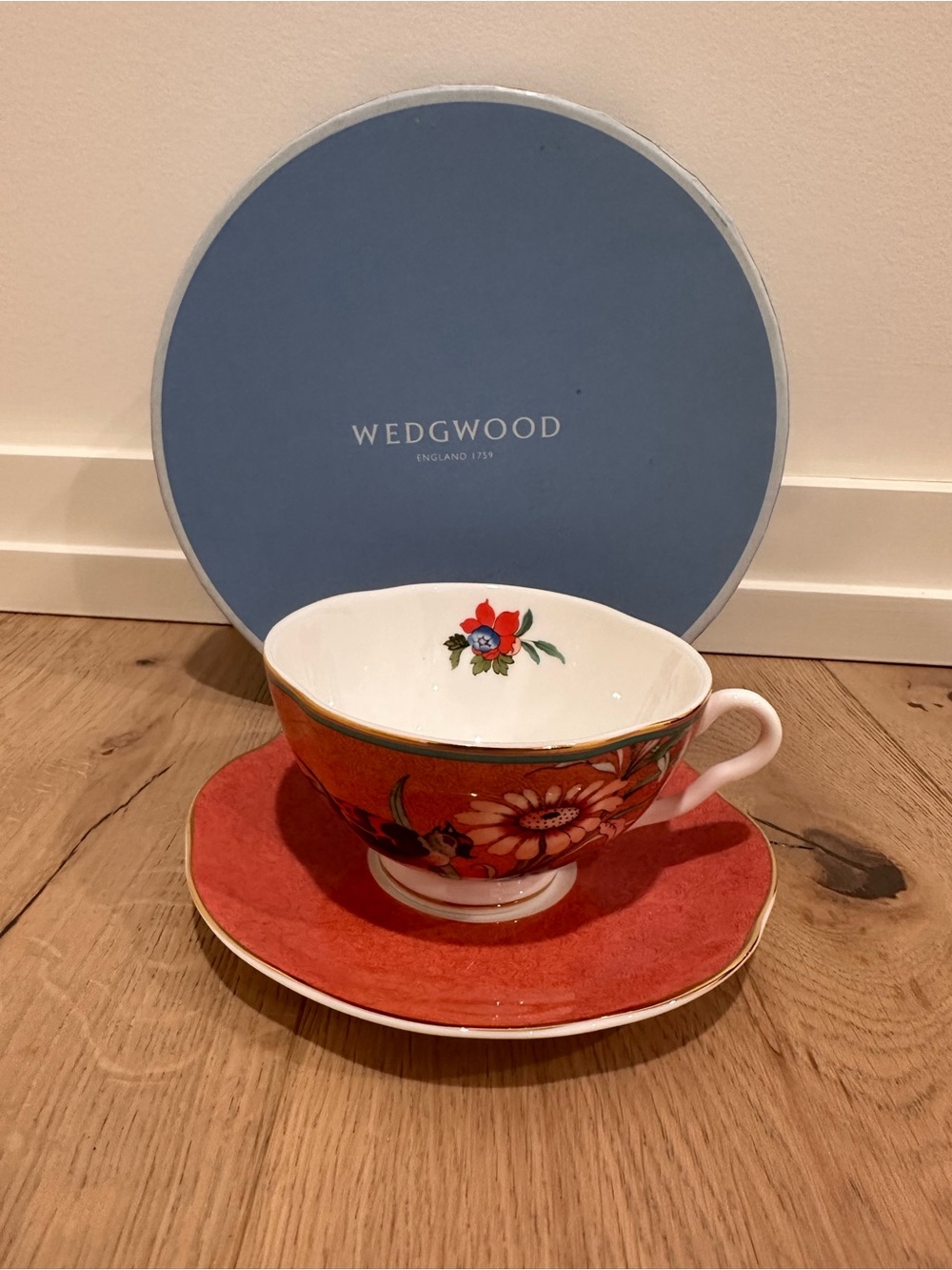 Wedgwood Red and White Floral Teacup with Gold Trim